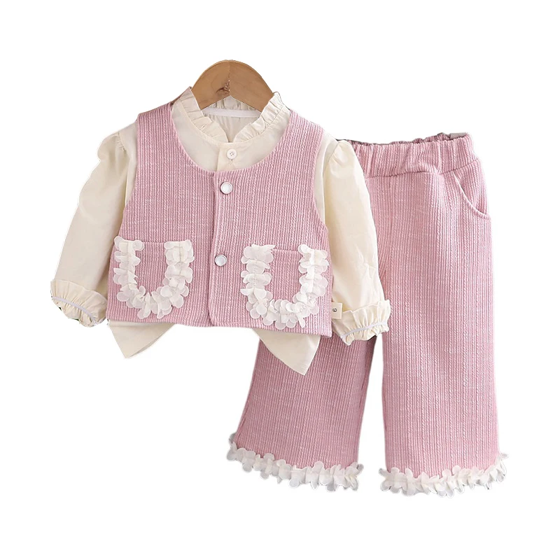 2024 New Spring Autumn Baby Girl Clothes 1 To 2 Years Fashion Solid Color Sleeveless Vest + Shirts + Pants Girls Boutique Outfit