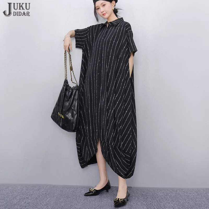 New 2025 Summer Woman Short-Sleeve Black Striped Shirt Dress Loose Fit Chic Big Size Casual Holiday Irregular Large Robe JKXD017