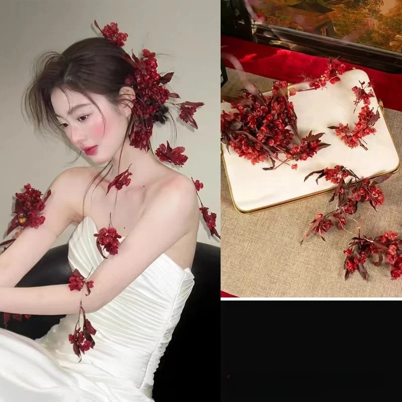 جديد النمط الصيني بورجوندي زهرة مجففة مهدب Diy الإناث سوبر الجنية محاكاة رئيس زهرة غطاء الرأس الزفاف