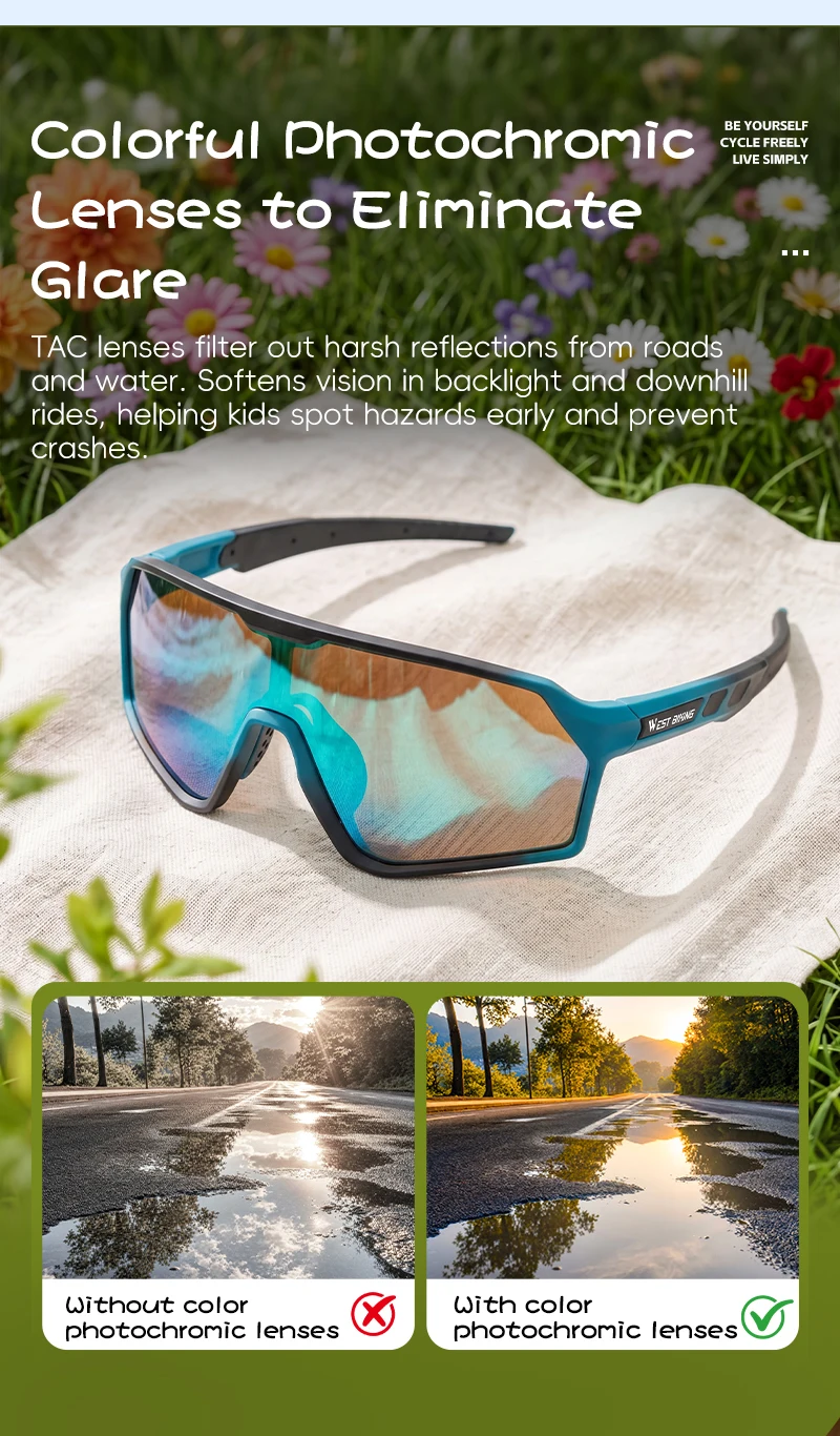 WEST BIKING Photochrome Fahrradbrille für Jungen und Mädchen, TR90 Sportsonnenbrille, UV400, mit flexiblem Rahmen und verstellbarem Nasenpolster – Detail 9