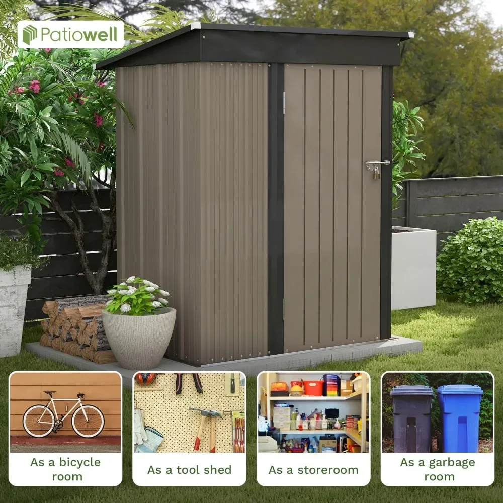 5x3 FT Outdoor Storage Shed, Tool Shed with Sloping Roof and Lockable Door, Metal Shed for Backyard Garden Patio Lawn, Brown