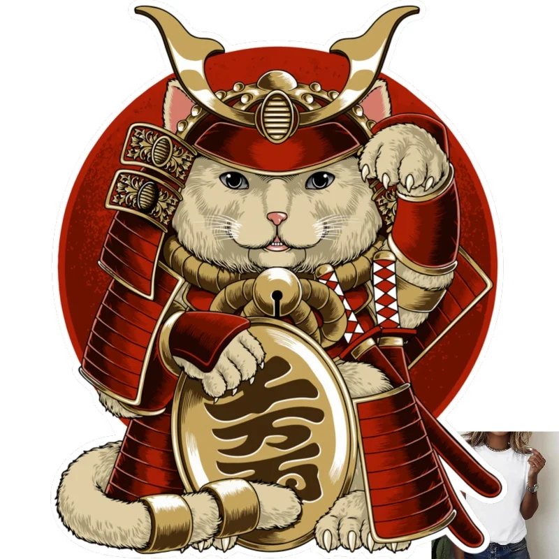 Japanese Samurai Lucky Cat Heat Transfer White Ink Iron - on Print, Trendy & Unique Pattern, Suitable for T - shirts/Canvas