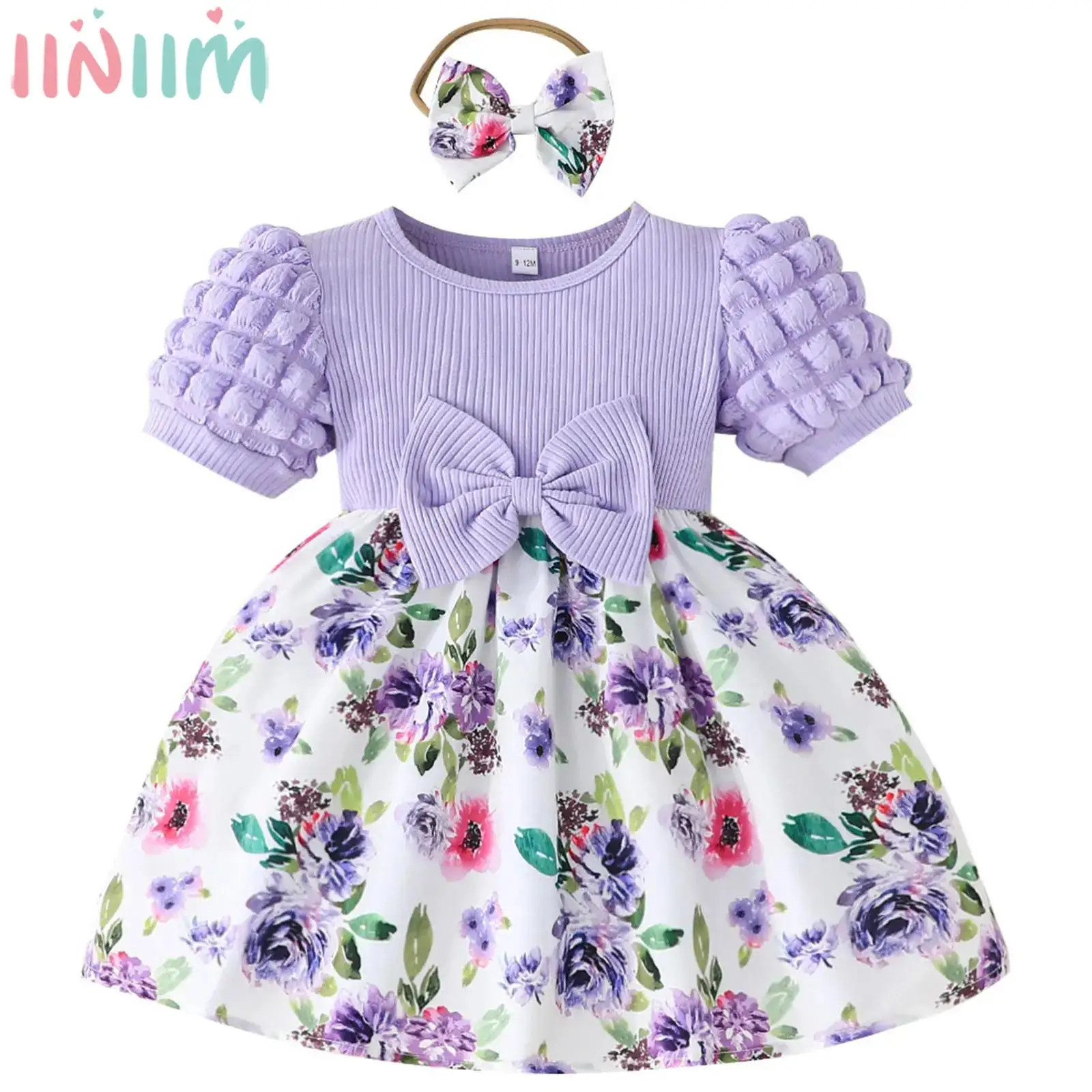 

Baby Girls Summer Sweet Dress Short Puff Sleeves Floral Printed Dress with Headband for Birthday Party Photography Daily School