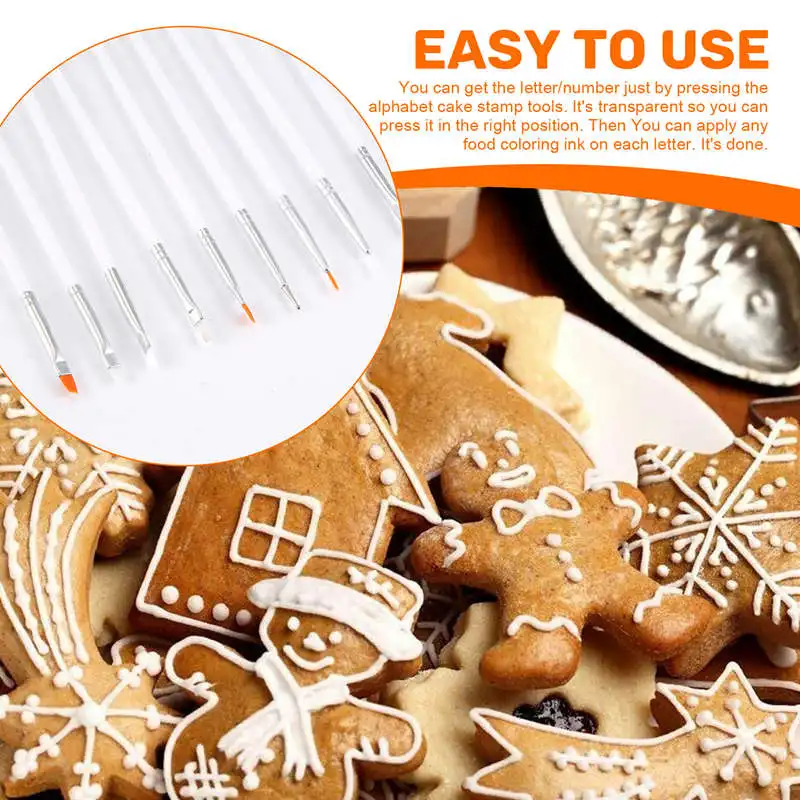 クッキーツール アルファベットケーキスタンプツール、デコレーションブラシ付きレターフォンダンスタンプ、数字フォンダンモールド