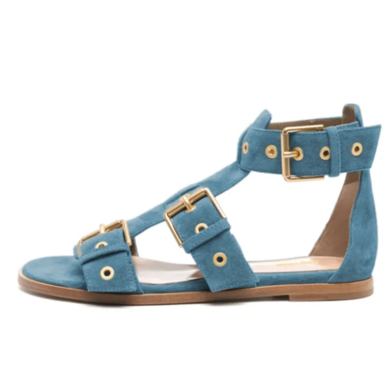 DIZHUANG صندل مسطح مثير للنساء. صندل من جلد الغزال الوردي (الأزرق). أحذية نسائية صيفية. الأجهزة الصنادل حزام مشبك. عرض أزياء