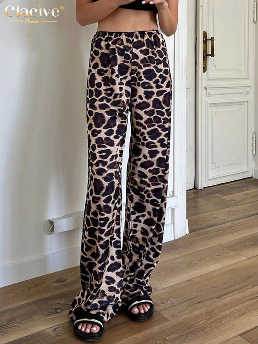 

Clacive Fashion Loose Leopard Print Women's Pants 2024 Elegant High Waist Wide Trousers Vintage Classic Pants Female Clothing