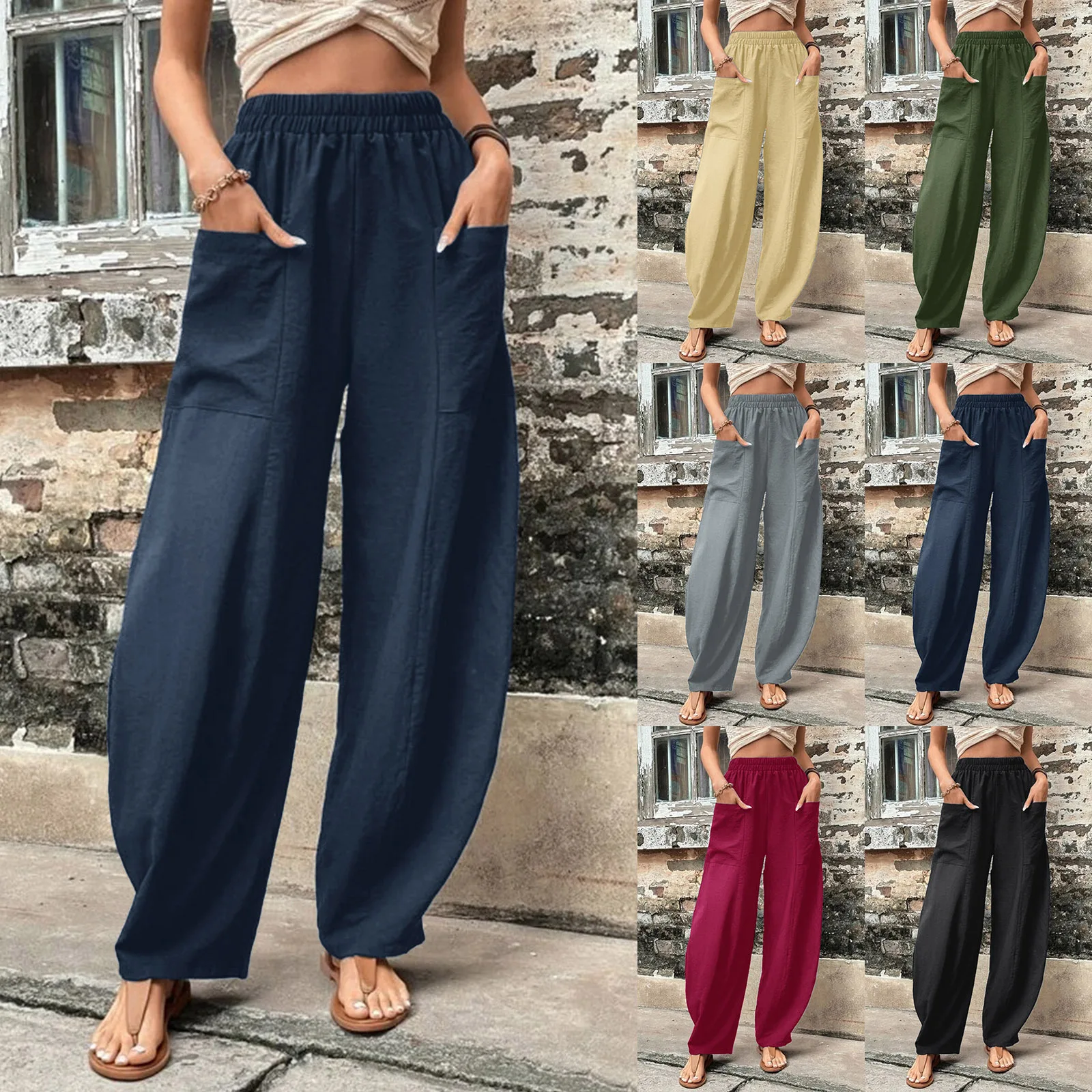 Pantalones informales de algodón y cáñamo para mujer, pantalón de pierna ancha con bolsillo de cintura elástica, ropa juvenil, Color sólido