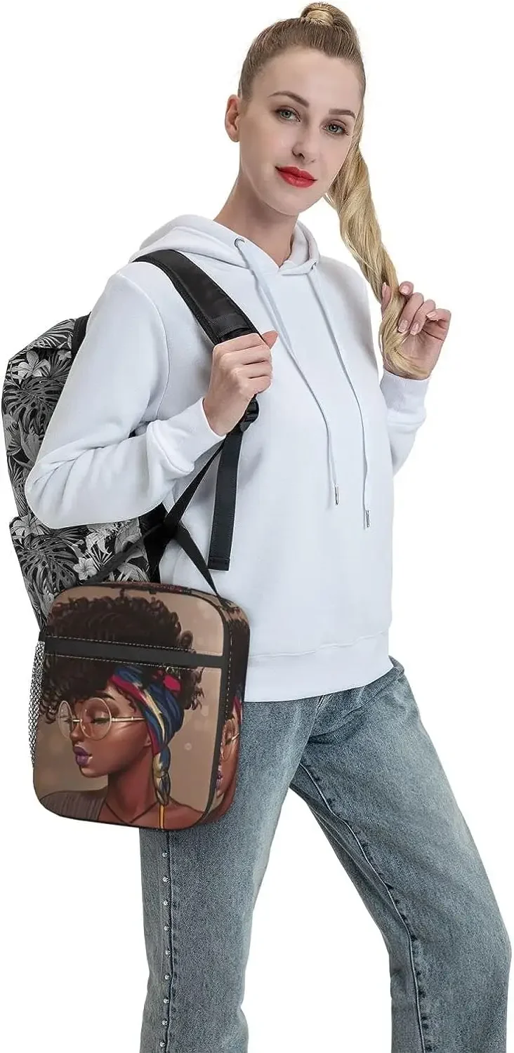 African American Afro Woman Lunch Bag Portable Insulated Lunch Box Women Reusable Thermal Bento Bags for Travel Picnic Work