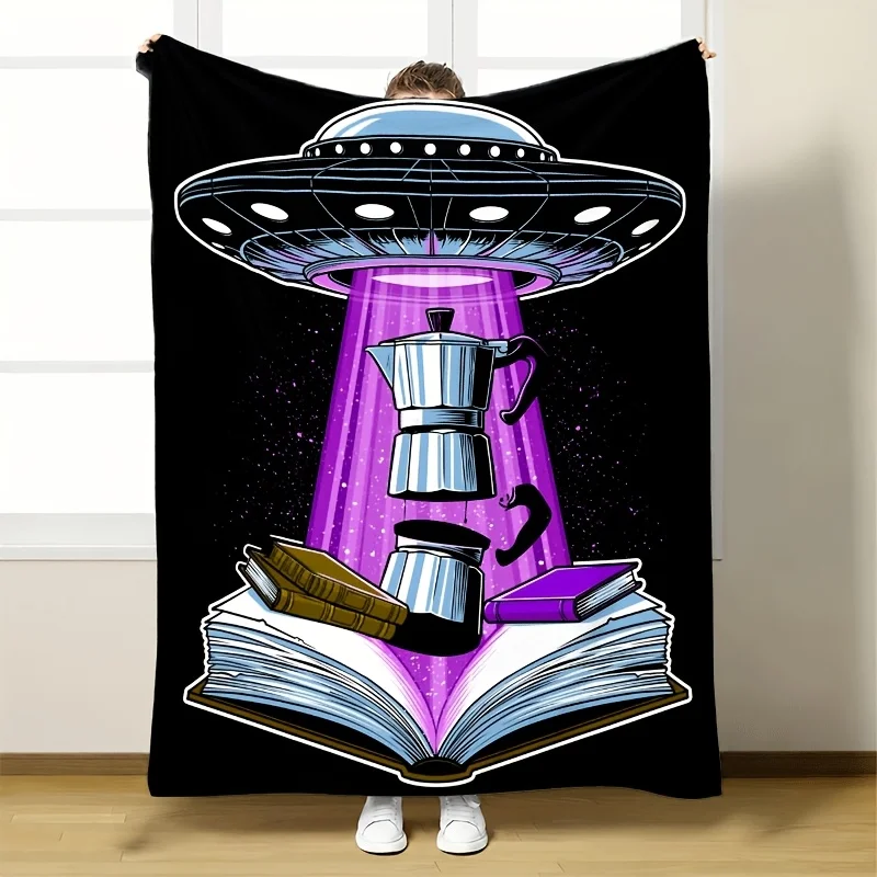 Cozy Retro UFO Coffee Blanket Throw for Reading Nook Space Sci Fi Book Mug Art Decor Large Print 150x200cm