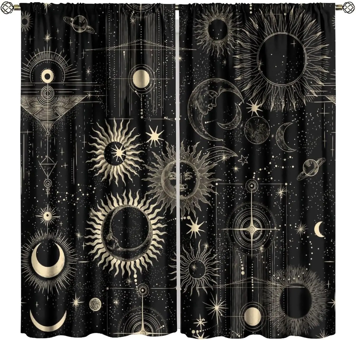 Gothic Sun Moon Curtains,Boho Mystical Galaxy Witchy Tarot Constellation Cosmos Star Pattern Print Blackout Window Drapes for