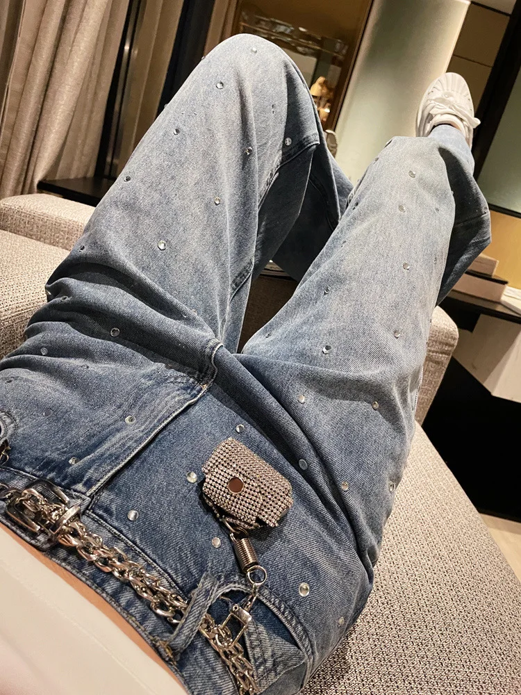 Squisiti Jeans con cintura a catena con strass pantaloni a gamba larga oversize larghi dimagranti a vita alta da donna 2021 nuovi pantaloni in Denim primaverile