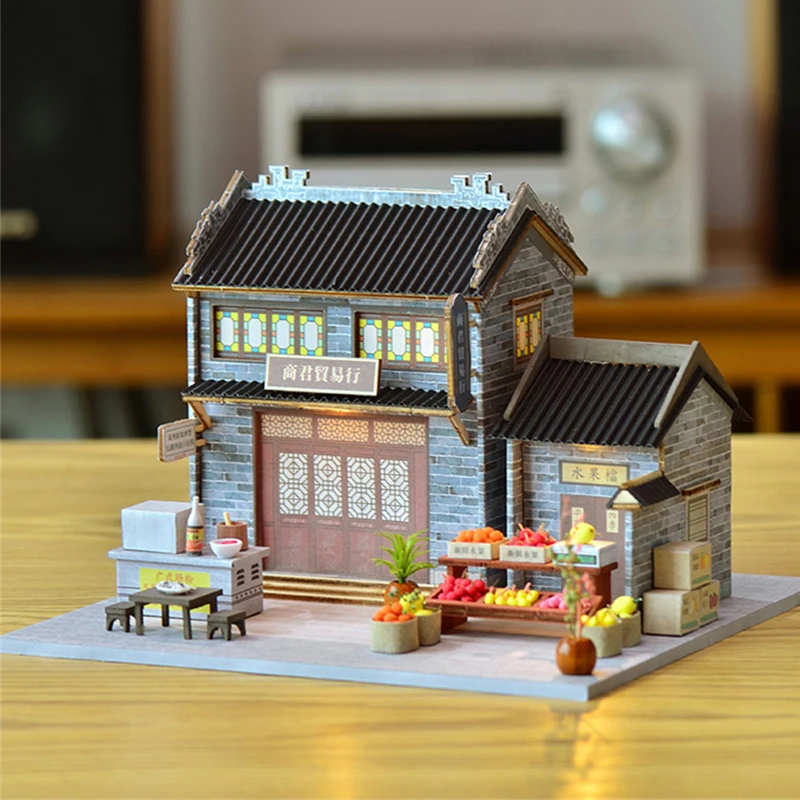 DIY Wooden Doll Houses Fruit Store Casa Mniature Building Kits with Furniture Led Trading Dollhouse for Adults Gifts