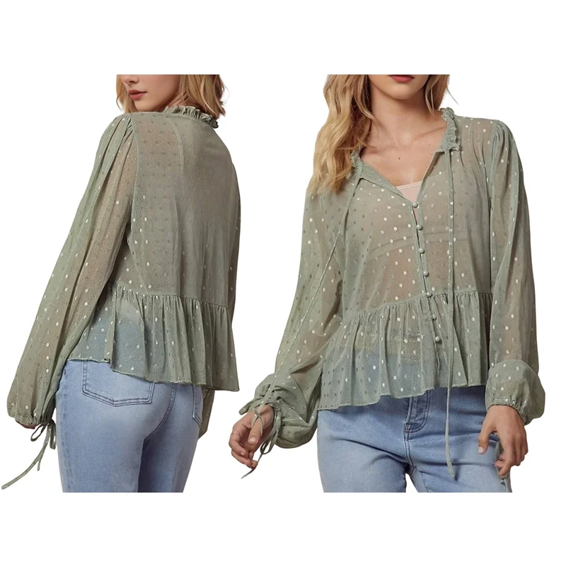 ABP-Blusa de manga larga peplum con volantes delanteros y lazo de lunares de malla transparente para mujer