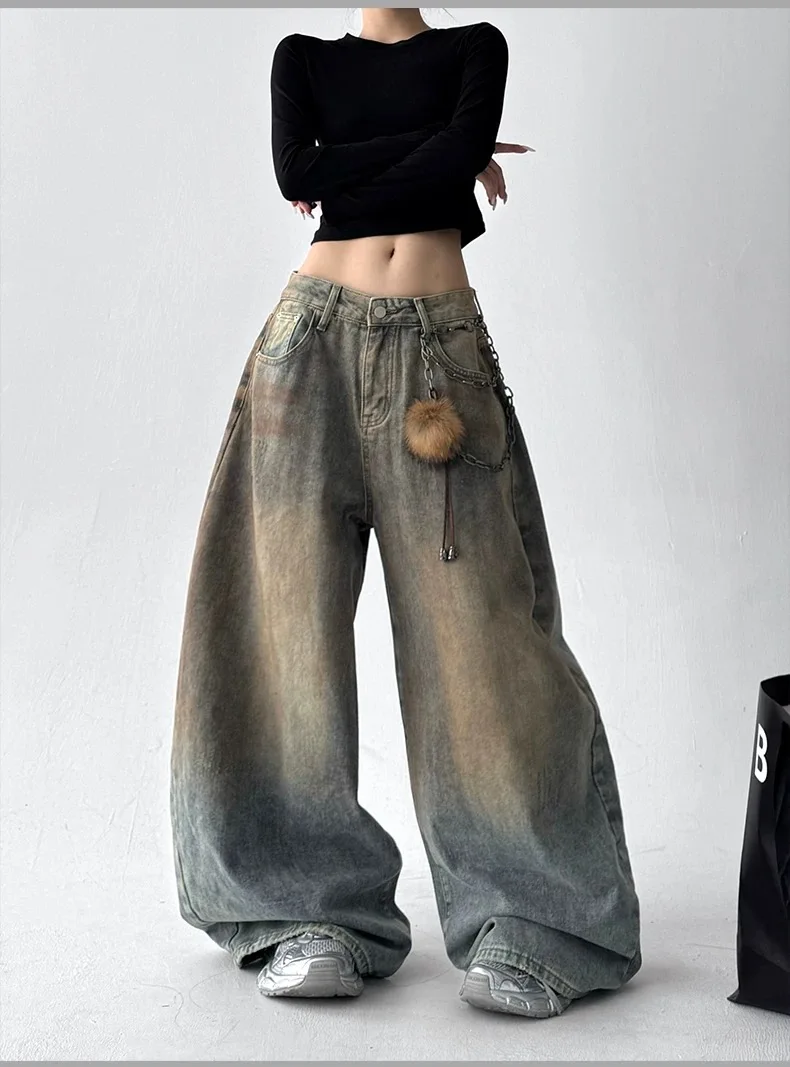 Y2K Vintage Jeans Herbst Winter Distressed Spray Washed Lose Gerade Bein Breite Bein Hosen Mode