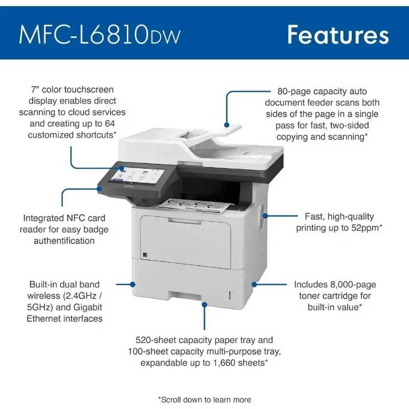 

MFC-L6810DW Enterprise Monochrome Laser All-in-One Printer with Low-cost Printing, Large Paper Capacity, Wireless Networking