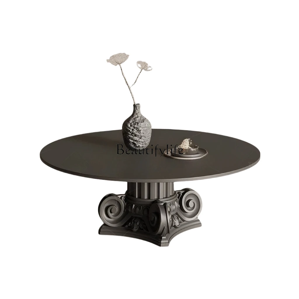 

*Modern simple oak Roman column coffee table Nordic medieval rock slab round tea table