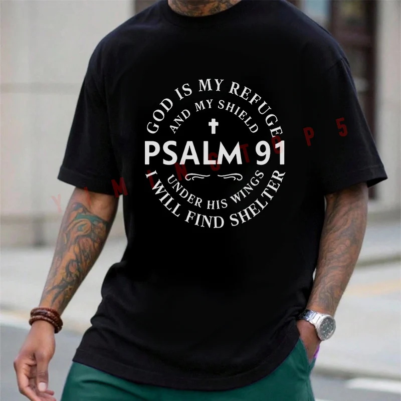 

God Ls My Refuge Print Motorcycle Men Summer Cotton Fashion Casual Round Neck Short Sleeved Tops Tee