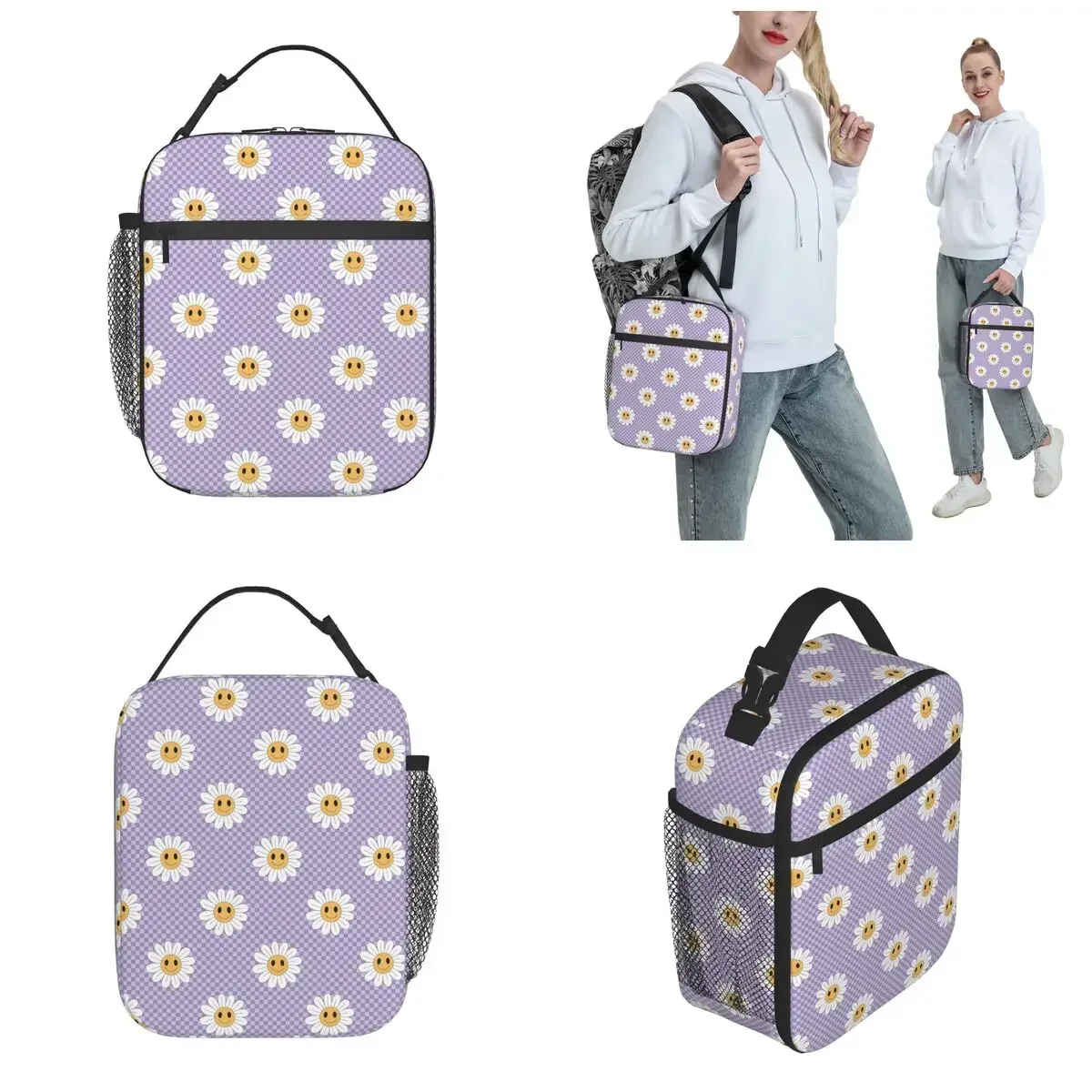 Hippie Halloween Daisy Smile Insulated Lunch Bag Retro 70s Food Bag Portable Cooler Thermal Lunch Boxes For Travel