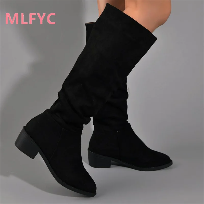 

Women's autumn and winter new western Cowboy boot thick heel high boots middle heel pile boots