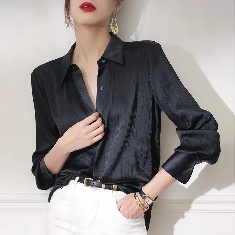 Satin Women\'s Shirts New Silk Solid Office Lady Blouses Loose Spring/Summer V-neck Ladies Clothing Long Sleeves Fashion Tops