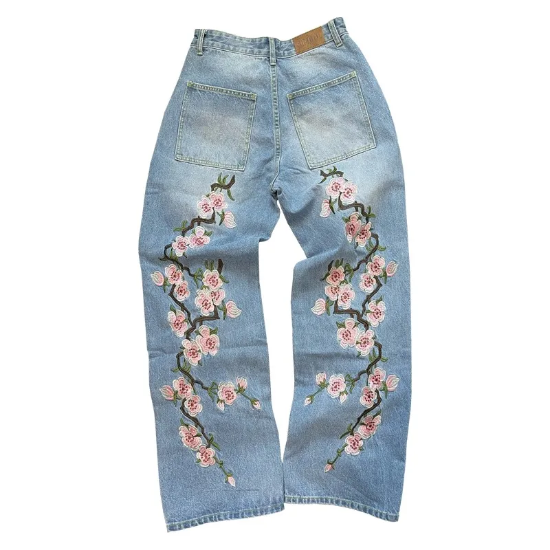 Harajuku flor de cerejeira bordado jeans streetwear hip-hop gótico das mulheres dos homens y2k roupas vintage cintura baixa calças largas perna