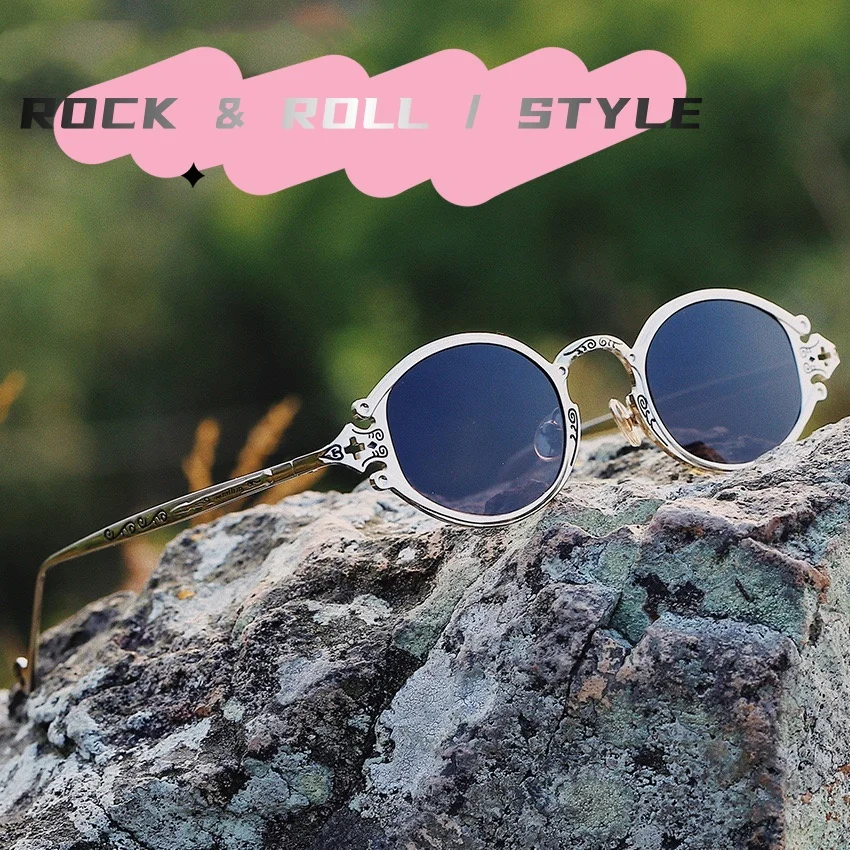 Women's metal rock style sunglasses retro punk oval frame engraved sunglasses men's cool driving sunglasses street tide things