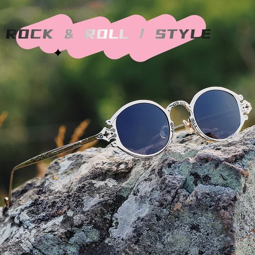 Imagen 2 del producto Gafas de sol estilo rock de metal para mujer, gafas de sol retro punk con montura ovalada grabada, gafas de sol de conducción geniales para hombre, cosas de marea callejera