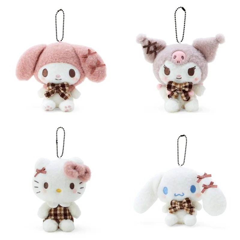 New 12Cm Anime Hello Kitty Kuromi My Melody Cinnamoroll Sanrios Plush Doll Keychain Kawaii Y2K Plaid Plushie Toy Pendant Gifts