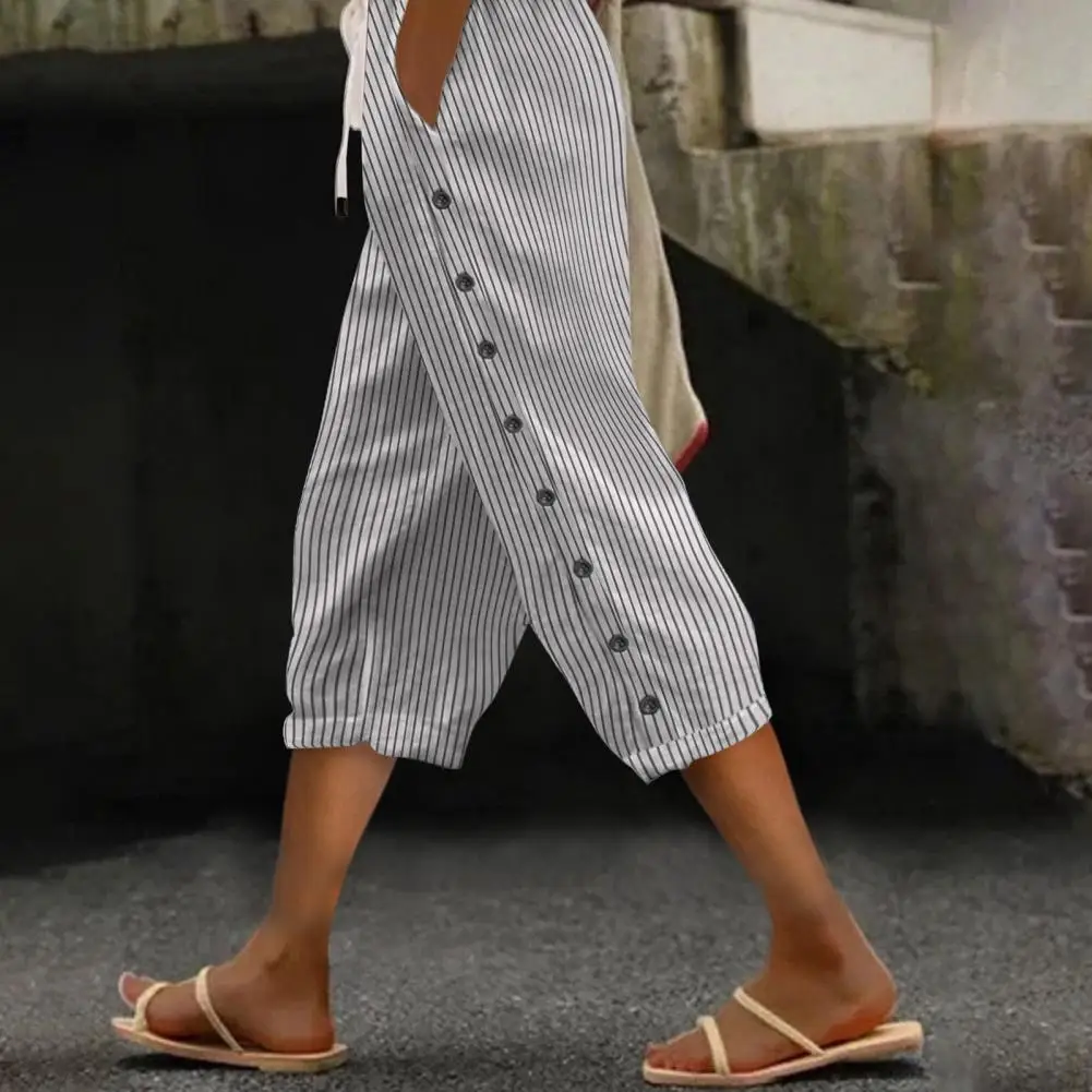 

Style Trousers Stylish Vertical Striped Cropped Pants for Women with Elastic Drawstring Waist Pockets Summer Trousers Buttoned