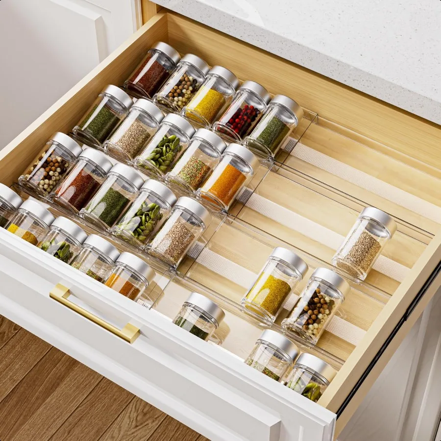 

Acrylic Spice Drawer Organizer 4 Tier 8 Pack Seasoning Organizer for Drawer Expandable From 13" to 26" Kitchen Drawer Spice Rac