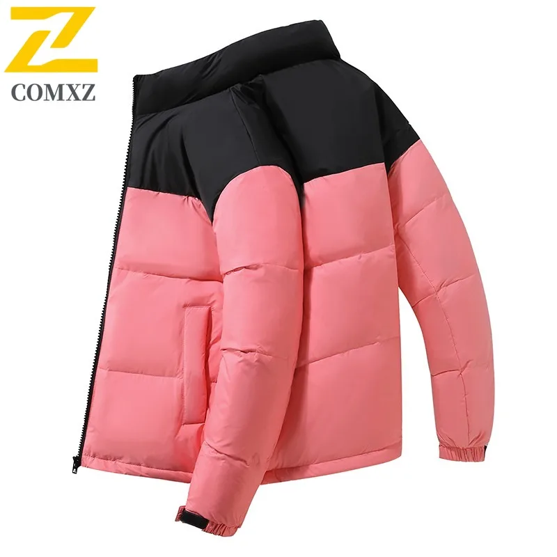COMXZ 2025 Winter New Trend Unisex Color Block Crack Print Gradient Down Jacket Hooded Thermal waterproof windproof outdoor Coat