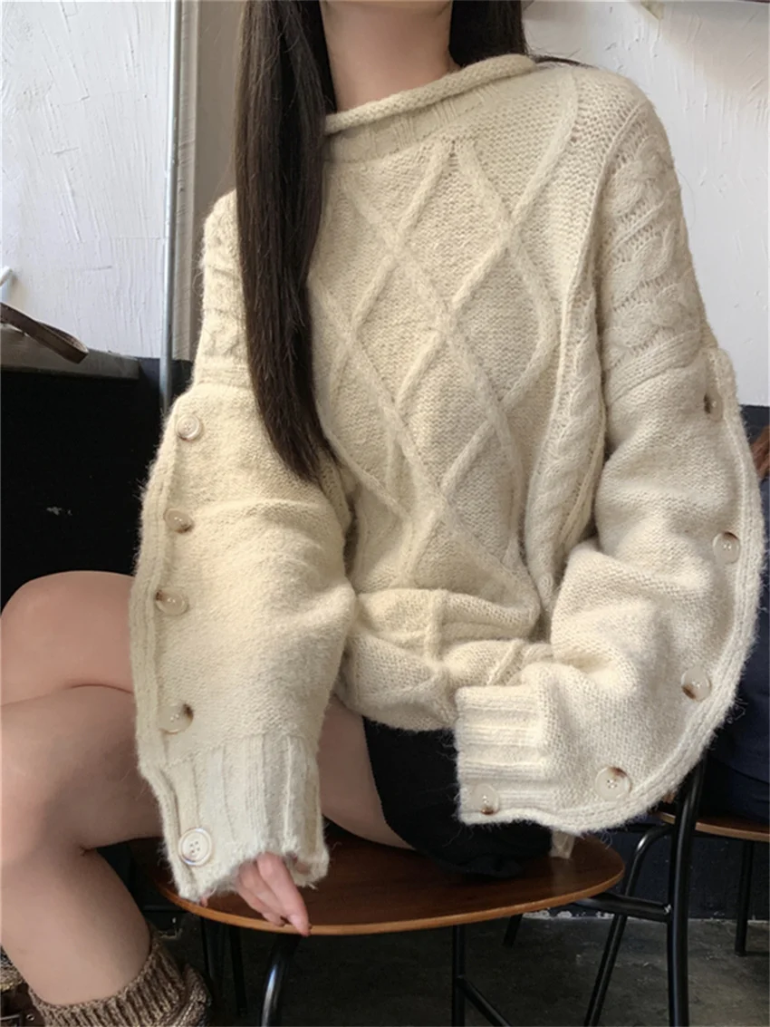 PLAMTEE Winter Oversize Sweaters Women Apricot Thicken Loose Daily Knitted Office Lady Pullovers Fashion Casual All Match