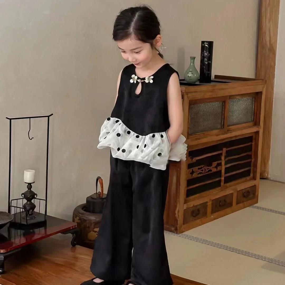 2025 Summer New Chinese Style Girl Suit Fashion Pants Two-piece Set Black Antique Polka Dot Retro Two-piece Set