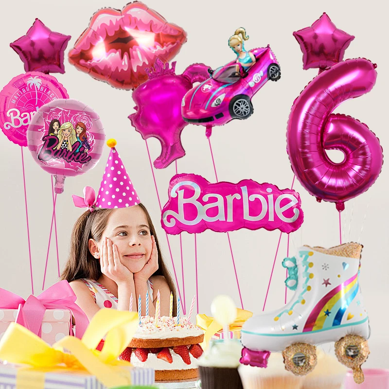 1set Pink Barbie car red lips Star Foil Globos skates Balloon Number 6 7 8 Baby Shower Kids Girl Birthday Party Decoration Suppl