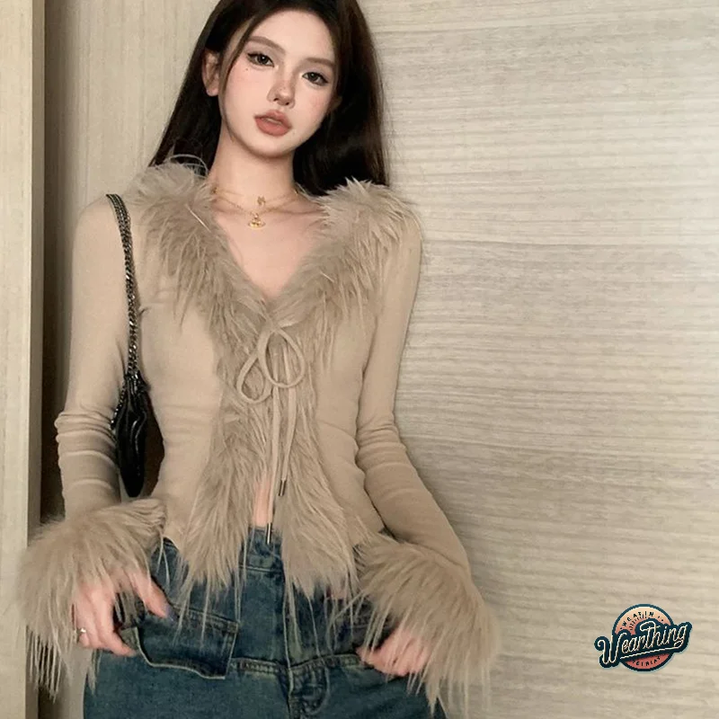 Cárdigan de punto Sexy con cuello en V, Top corto coreano para chica caliente, suéter corto ajustado Irregular de manga larga con cuello en V peludo, cárdigan