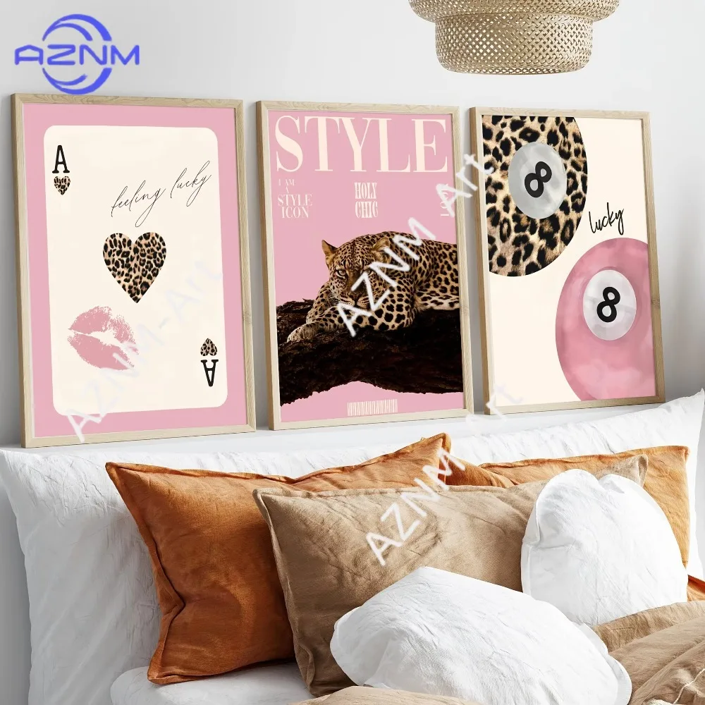 1 Stück/3 Stück Modischer Leoparden- & Geparden-Leinwanddruck Rosa Mädchen Glückliche 8-Ball Wandkunst Poster für Moderne Wohnzimmer Heimdekoration Geschenke