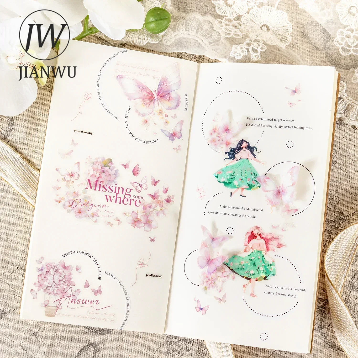 JIANWU Flower Butterfly Series Vintage Landscaping Material Collage PVC Transfer Sticker Creative DIY Journal Stationery