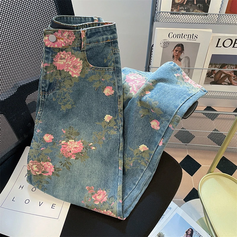 Retro Rose Flowers Print Jeans for Women American Style Oversize High Waist Wide Leg Denim Pants Casual Loose Straight Jeans