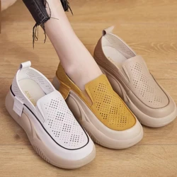 Round Toe Fitting Single Shoe and Soft Sole 2024 New Summer Thick Sole Small White Shoes for Women Female Hollow Out Loafers