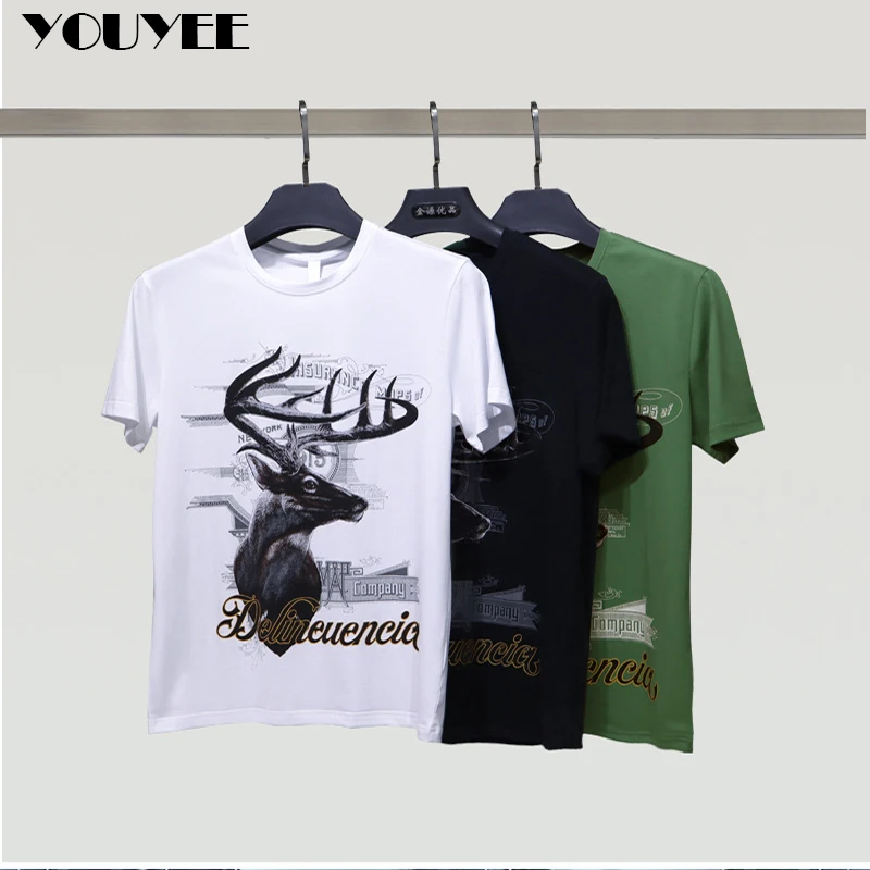 Summer New Design Men\'s T-shirt Deer Printed Fashion Male Mercerized Cotton Tees Comfortable High-quality Man Top Green Clothing