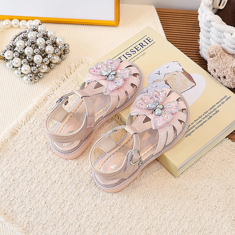 Girls Rhinestone Butterfly Princess Sandals Kids Glitter Buckle Strap Anti-collision Non-slip Soft Sole Summer Party Shoes