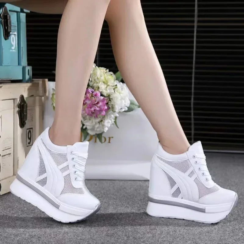 

New Classic Women Mesh Platform Sneakers White Shoes 10CM High Heel Wedges Outdoor Breathable Casual Shoes Autumn Round Toe