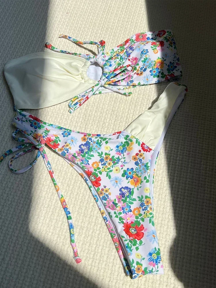 2025 新しい夏のビキニセットセクシーなハイウエストプリントスプリットビキニ 2 点セット女性水着ビーチセクシーな背中の開いたレースアップビキニ
