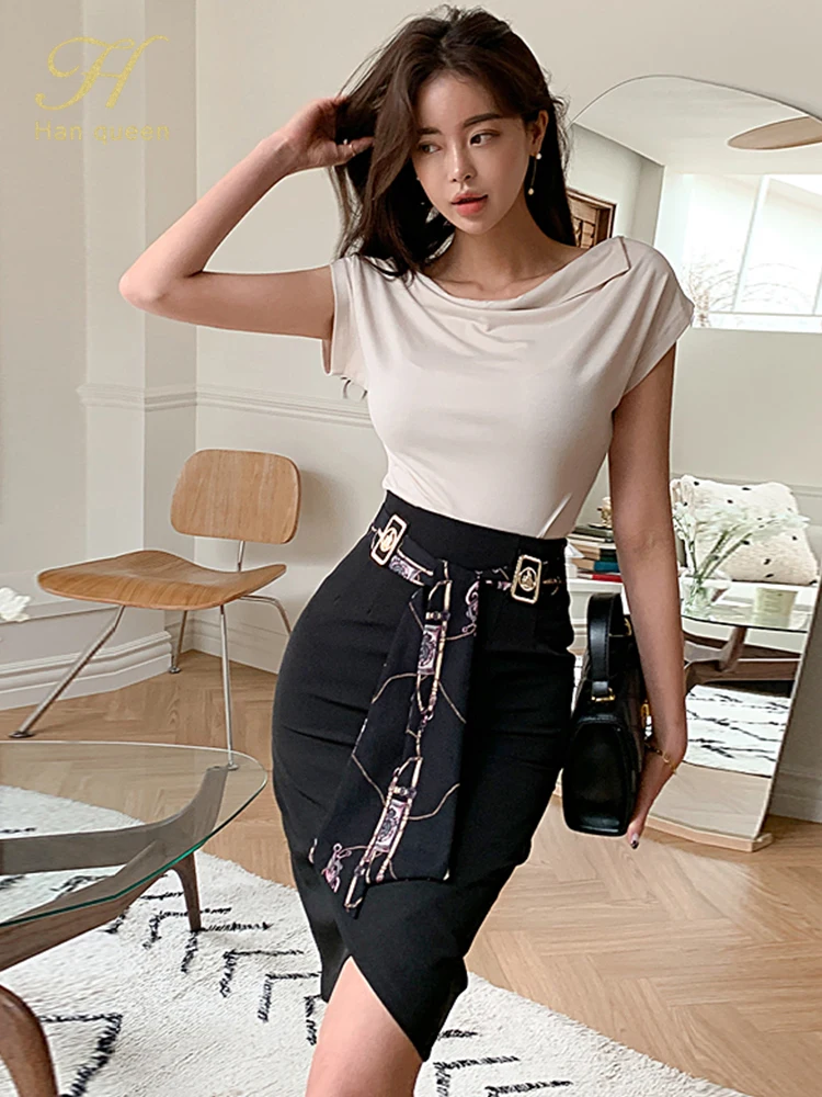 H Han Queen Women Elegant Fashion New 2 Pieces Set Simple T-Shirts Tops & Irregular Sheath Pencil Skirt Korean Simple Skirt Suit