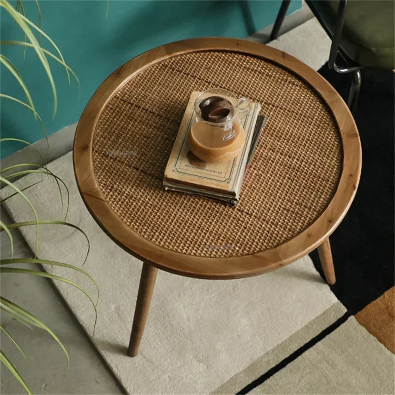 Retro Solid Wood Coffee Table Living Room Home Casual Rattan Woven Sofa Side Tables Round Balcony Coffee Corner Combination