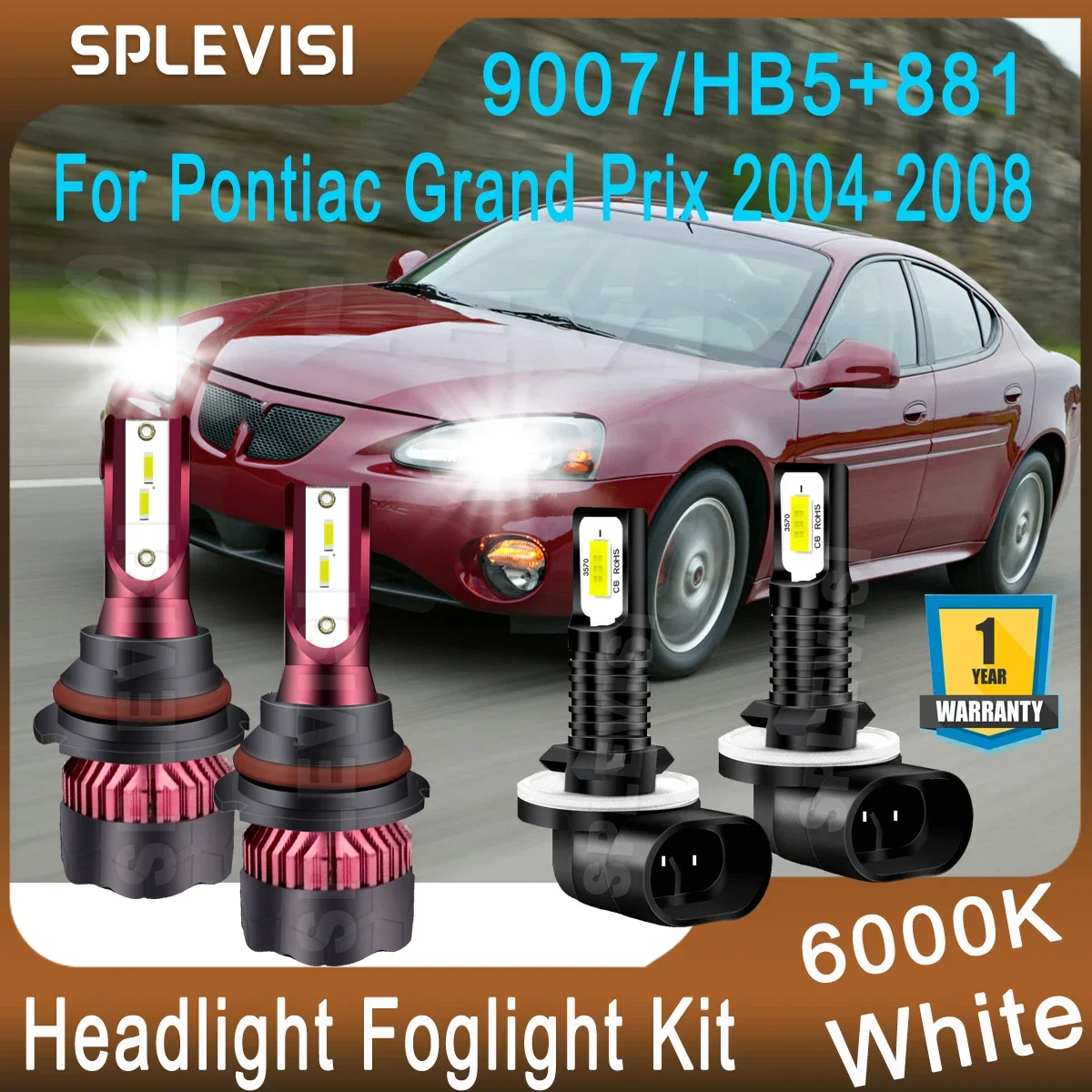 

4x LED Headlight High Low Beam 9007/HB5 Foglight 881 Kit Replace For Pontiac Grand Prix 2004 2005 2006 2007 2008 6000K White