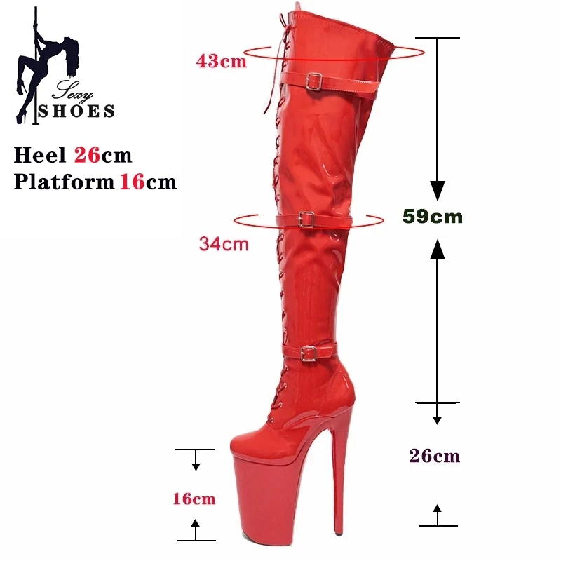 26 cm over-de-knie laarzen extreme hoge hakken gesp ronde kop danser mode sexy catwalk schoenen 16 cm platform Romeinse hoge laarzen