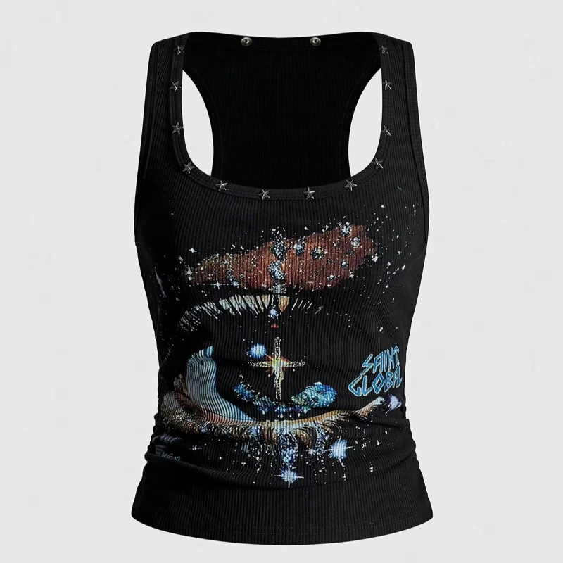 Y2K-Style Streetwear mit Nieten, Cartoon-Grafik, ärmellos, individuell gestaltet, geripptes Tanktop, Harajuku Retro, figurbetontes Crop-Top, K-Pop-Top