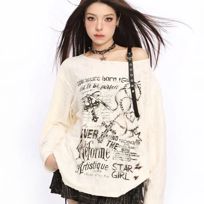 

American Y2k Sweet Cool Hole Off Shoulder T-shirts Summer Loose Long Sleeve Top for Women 2025 New Sun Protection Coat