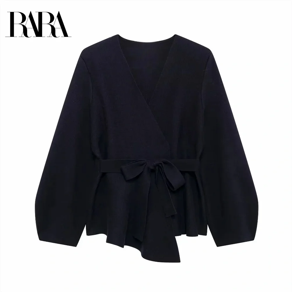 2024 RARA Autumn/Winter New Product with Belt Pad Shoulder Accessories Knitted V-neck Long Sleeve Slim Fit Suit Coat